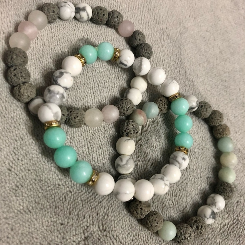 3 Beaded Gemstone Bracelets Lava Stones Rose Quartz Amazonite Howlite